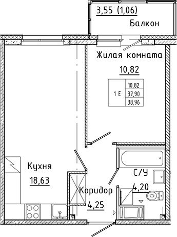 Планировка — Аквилон Янино, 2-комн., 38 м²