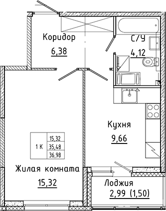 Планировка — Аквилон Янино, 1-комн., 35 м²