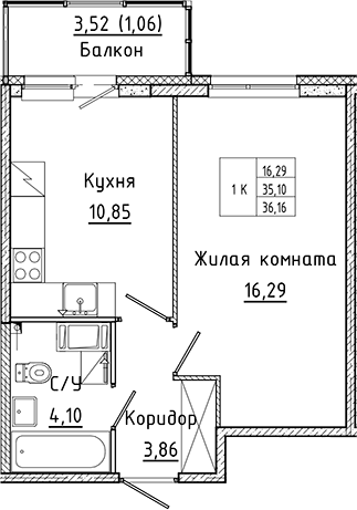 Планировка — Аквилон Янино, 1-комн., 35 м²