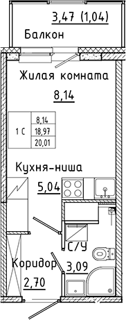 Планировка — Аквилон Янино, Студия, 19 м²