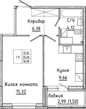 Планировка — Аквилон Янино, 1-комн., 35 м²
