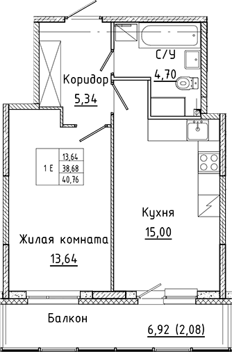 Планировка — Аквилон Янино, 2-комн., 39 м²
