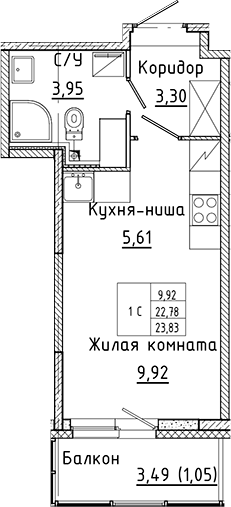 Планировка — Аквилон Янино, Студия, 23 м²