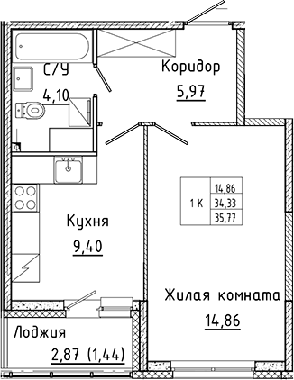 Планировка — Аквилон Янино, 1-комн., 34 м²