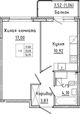 Планировка — Аквилон Янино, 1-комн., 36 м²