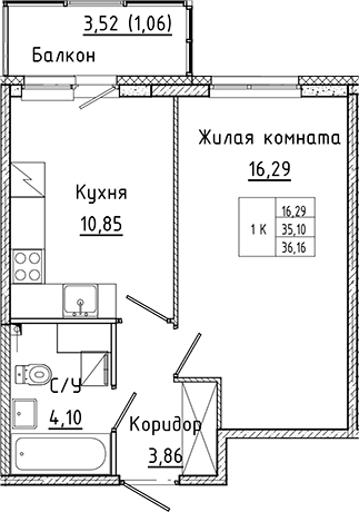 Планировка — Аквилон Янино, 1-комн., 35 м²