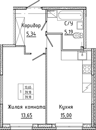 Планировка — Аквилон Янино, 2-комн., 39 м²