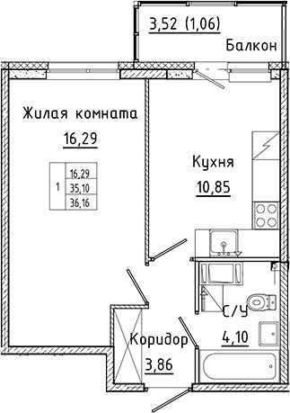 Планировка — Аквилон Янино, 1-комн., 35 м²