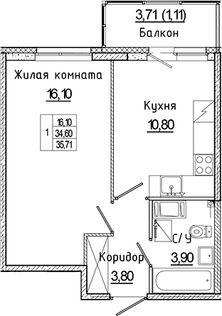 Планировка — Аквилон Янино, 1-комн., 35 м²