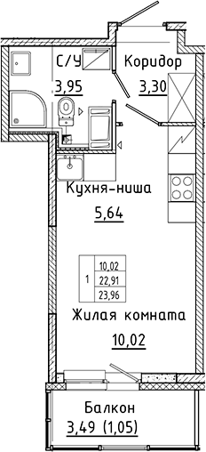 Планировка — Аквилон Янино, Студия, 23 м²