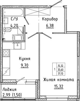Планировка — Аквилон Янино, 1-комн., 36 м²