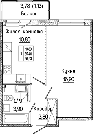 Планировка — Аквилон Янино, 1-комн., 35 м²