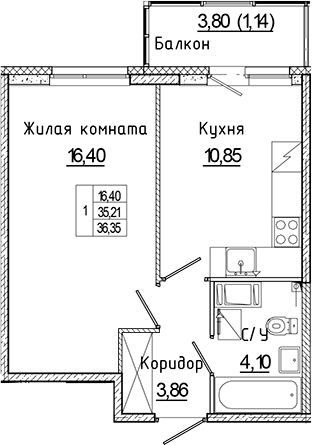 Планировка — Аквилон Янино, 1-комн., 35 м²