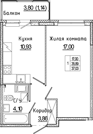 Планировка — Аквилон Янино, 1-комн., 36 м²