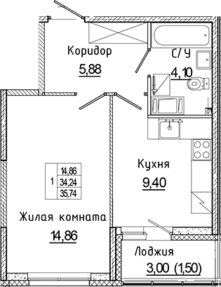 Планировка — Аквилон Янино, 1-комн., 34 м²