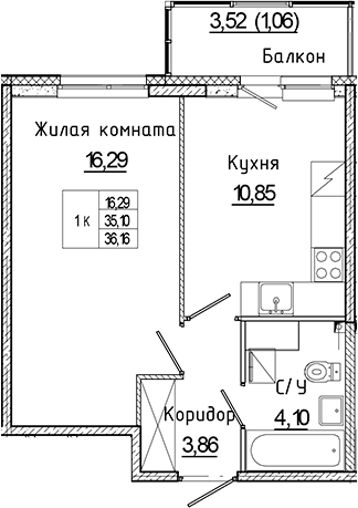 Планировка — Аквилон Янино, 1-комн., 35 м²