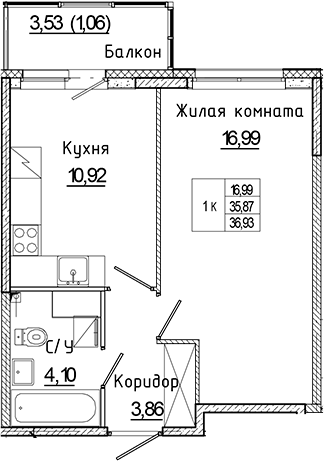 Планировка — Аквилон Янино, 1-комн., 36 м²