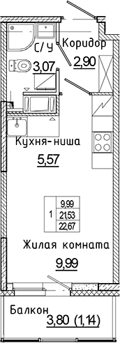 Планировка — Аквилон Янино, Студия, 22 м²