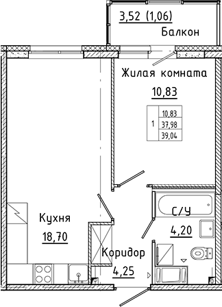 Планировка — Аквилон Янино, 2-комн., 38 м²