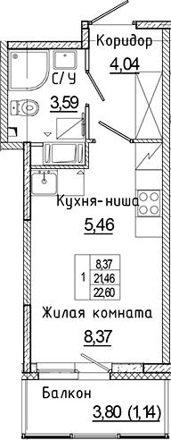 Планировка — Аквилон Янино, Студия, 21 м²
