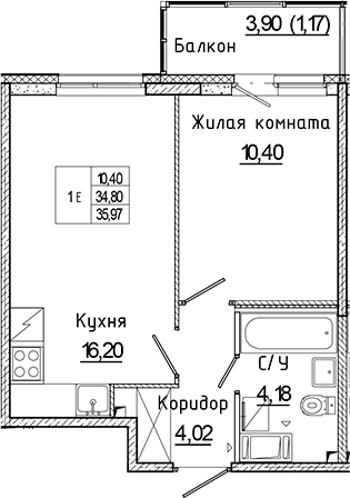 Планировка — Аквилон Янино, 2-комн., 35 м²