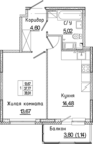 Планировка — Аквилон Янино, 2-комн., 38 м²
