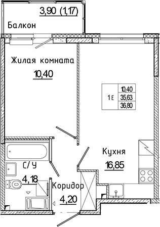 Планировка — Аквилон Янино, 2-комн., 36 м²