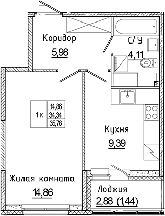 Планировка — Аквилон Янино, 1-комн., 34 м²