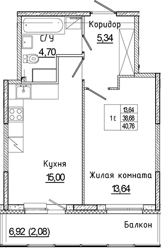 Планировка — Аквилон Янино, 2-комн., 39 м²