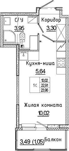 Планировка — Аквилон Янино, Студия, 23 м²