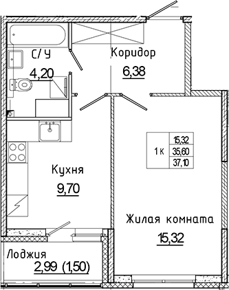 Планировка — Аквилон Янино, 1-комн., 36 м²