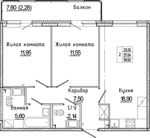 Планировка — Аквилон Янино, 3-комн., 58 м²