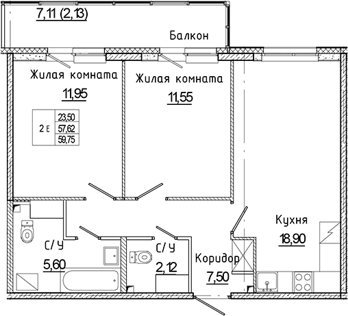 Планировка — Аквилон Янино, 3-комн., 58 м²