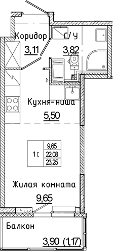 Планировка — Аквилон Янино, Студия, 22 м²