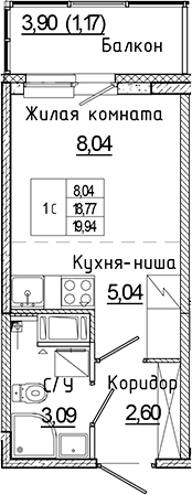 Планировка — Аквилон Янино, Студия, 19 м²
