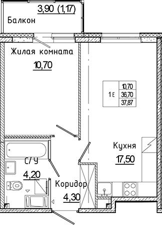 Планировка — Аквилон Янино, 2-комн., 37 м²