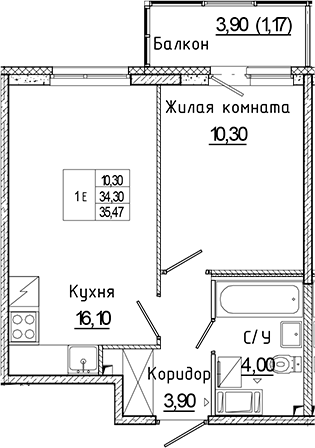 Планировка — Аквилон Янино, 2-комн., 34 м²