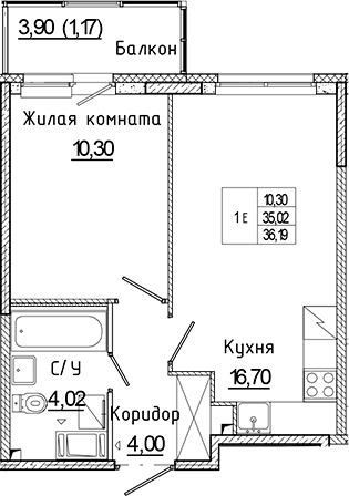 Планировка — Аквилон Янино, 2-комн., 35 м²