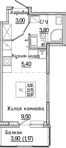 Планировка — Аквилон Янино, Студия, 22 м²
