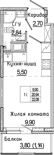 Планировка — Аквилон Янино, Студия, 21 м²