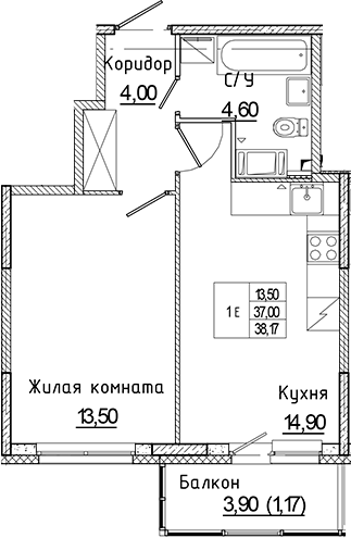 Планировка — Аквилон Янино, 2-комн., 37 м²