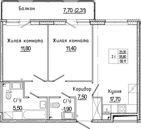 Планировка — Аквилон Янино, 3-комн., 56 м²