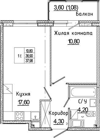 Планировка — Аквилон Янино, 2-комн., 37 м²
