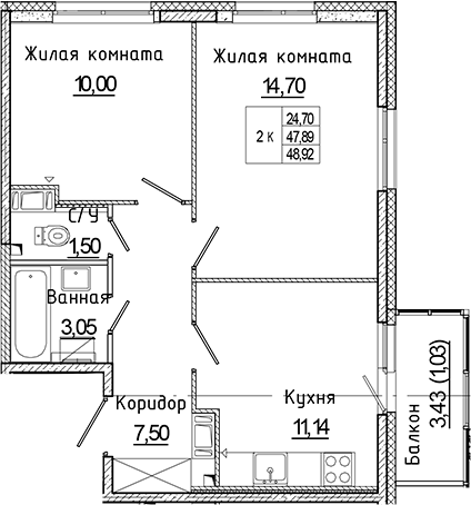 Планировка — Аквилон Янино, 2-комн., 48 м²