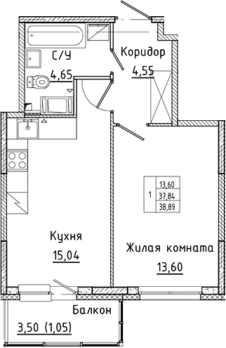 Планировка — Аквилон Янино, 2-комн., 38 м²