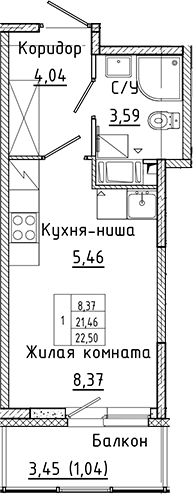 Планировка — Аквилон Янино, Студия, 21 м²