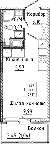 Планировка — Аквилон Янино, Студия, 22 м²