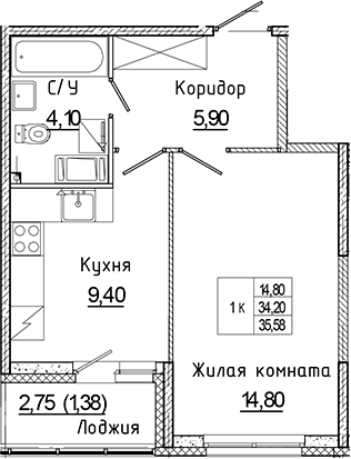 Планировка — Аквилон Янино, 1-комн., 34 м²