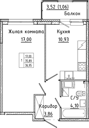 Планировка — Аквилон Янино, 1-комн., 36 м²