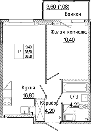 Планировка — Аквилон Янино, 2-комн., 36 м²
